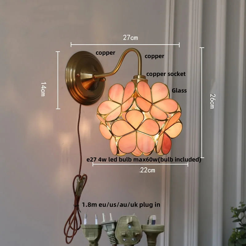 Helnys Vintage Style Blue Flower Glass Wall Sconce LED Lamp