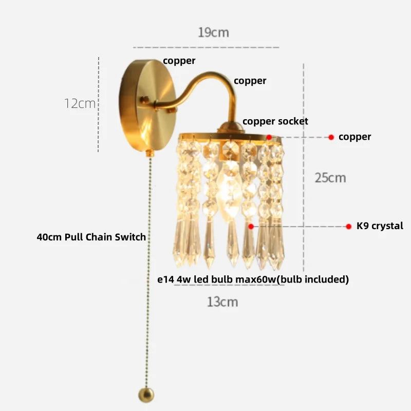 Helnys Green Class Ball LED Wall Light Fixture - Copper Socket Pull Chain Switch