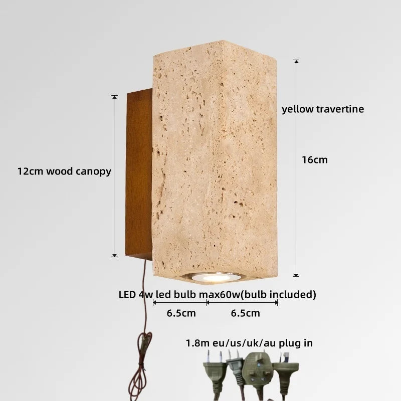 Helnys Yellow Travertine Stone LED Wall Sconce Light for Bedroom Living Room