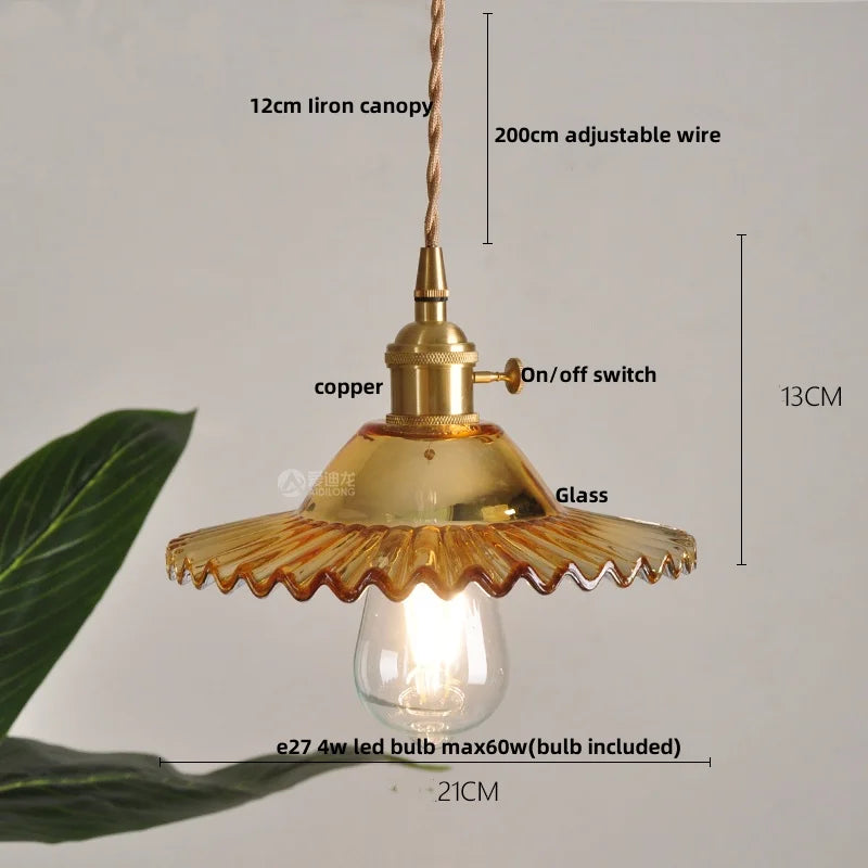 Helnys Amber Glass LED Pendant Light with Adjustable Copper Wire - Loft Style