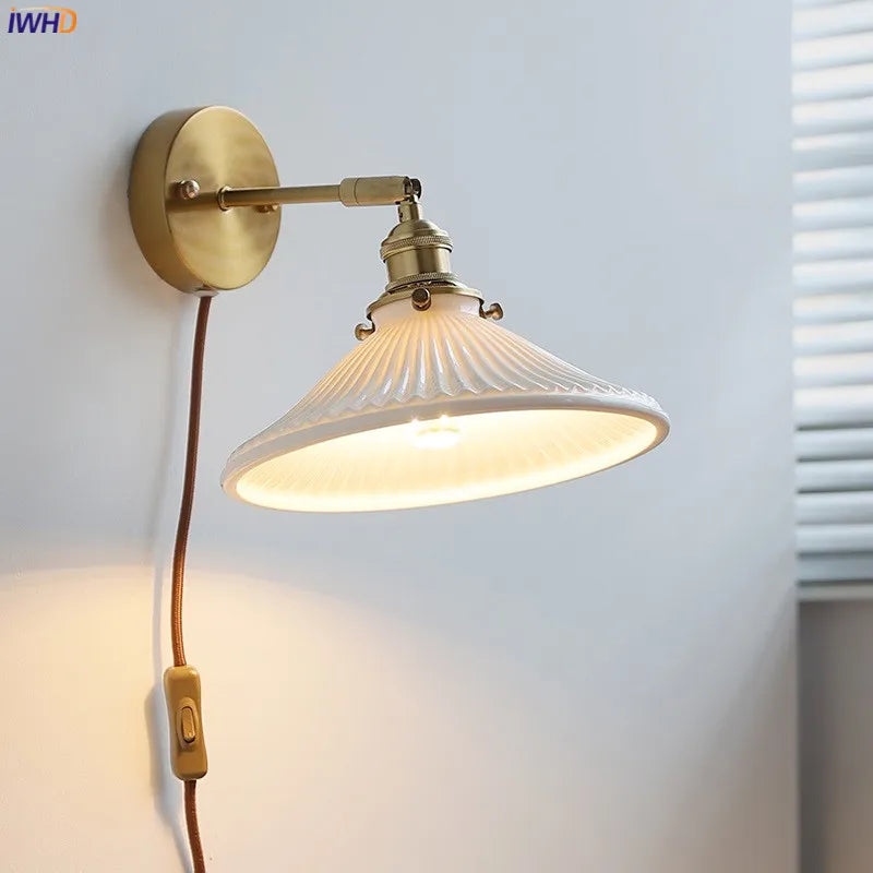 Helnys Nordic Ceramic LED Wall Sconce with Switch for Bedroom Living Room