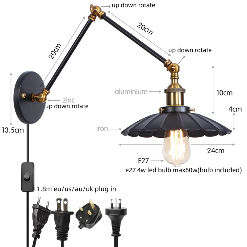 Helnys Adjustable Black Iron LED Wall Light - Industrial Vintage Bedside Lamp