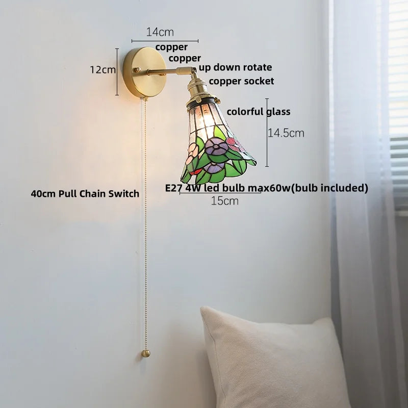 Helnys Flower Glass LED Wall Sconce Pull Chain Switch Rotatable Lamp