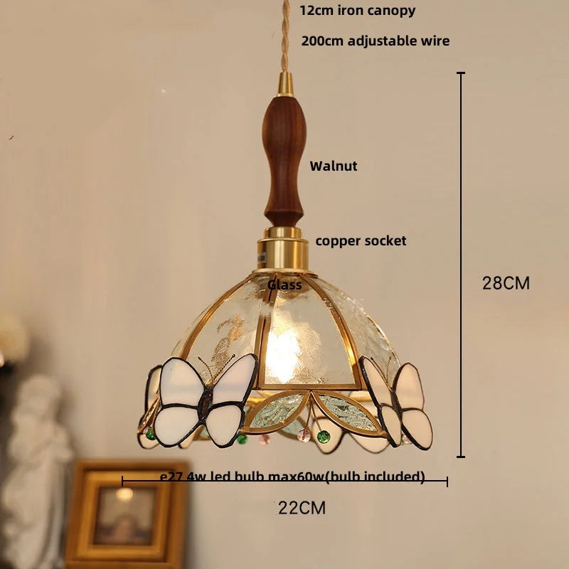 Helnys Butterfly Pink LED Pendant Lamp, Nordic Modern Walnut Wood Glass Hanging Light
