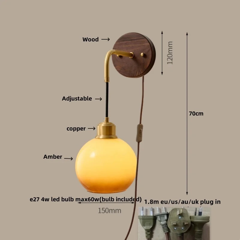 Helnys Amber LED Wall Lamp Walnut Wood Pull Chain Switch Applique Murale