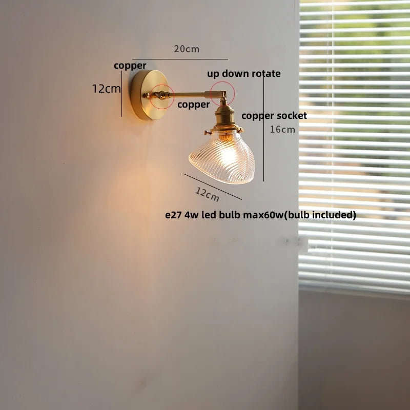 Helnys Brass Swing Arms LED Wall Light, Modern Nordic Clear Glass Bedside Lamp