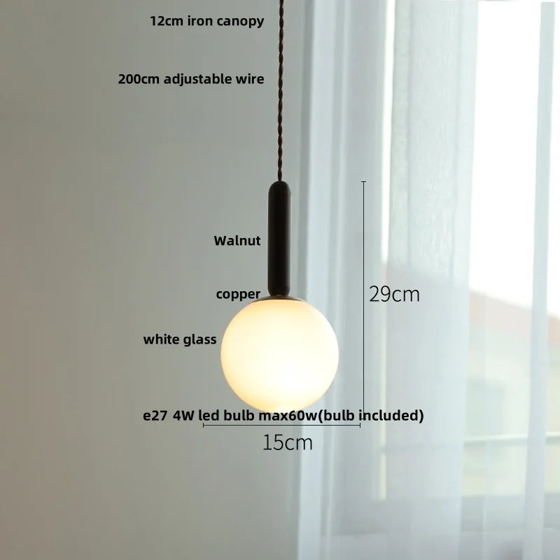 Helnys Amber Glass LED Pendant Light Fixture with Walnut Wood Hanging Lamp Base
