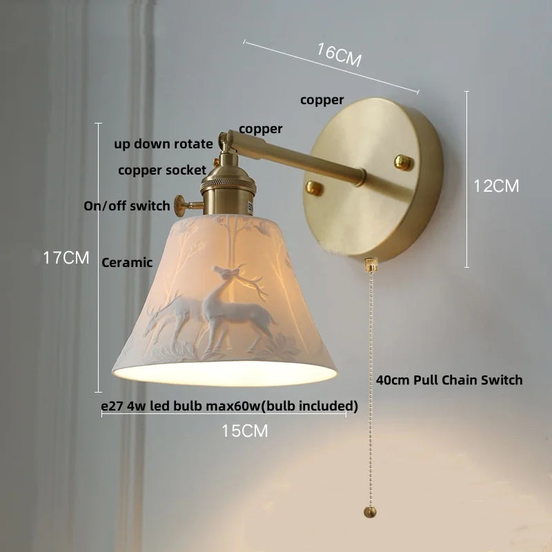 Helnys Ceramic E27 LED Wall Lamp Sconce with Pull Chain Switch - Nordic Modern Style