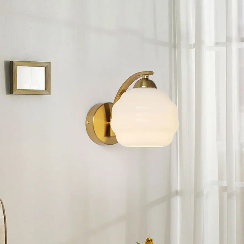 Helnys Nordic Milky Glass Ball LED Wall Sconce - Modern Iron Bedroom Living Room Mirror Light