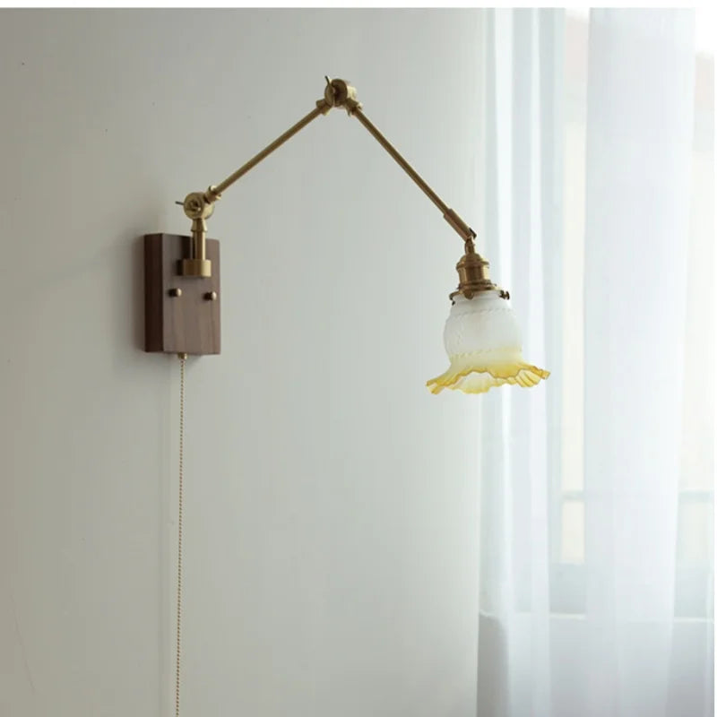 Helnys Yellow Glass LED Wall Lights Walnut Wood Bedside Lamp