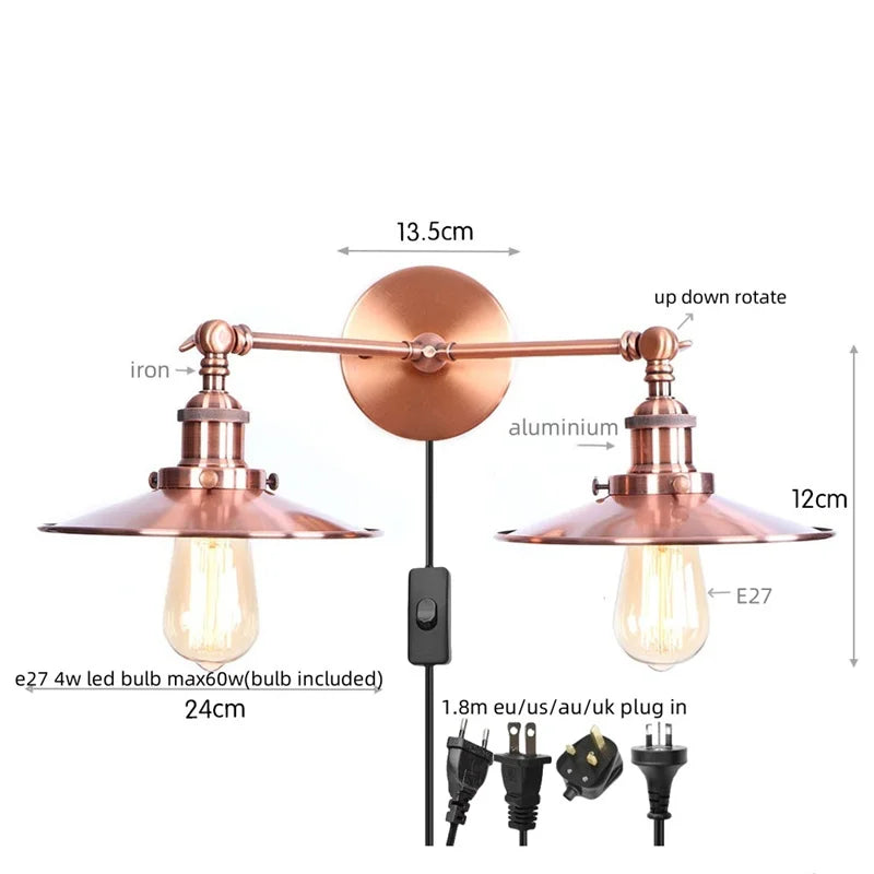 Helnys Vintage LED Wall Lamp Iron Industrial Style Loft Wandlamp