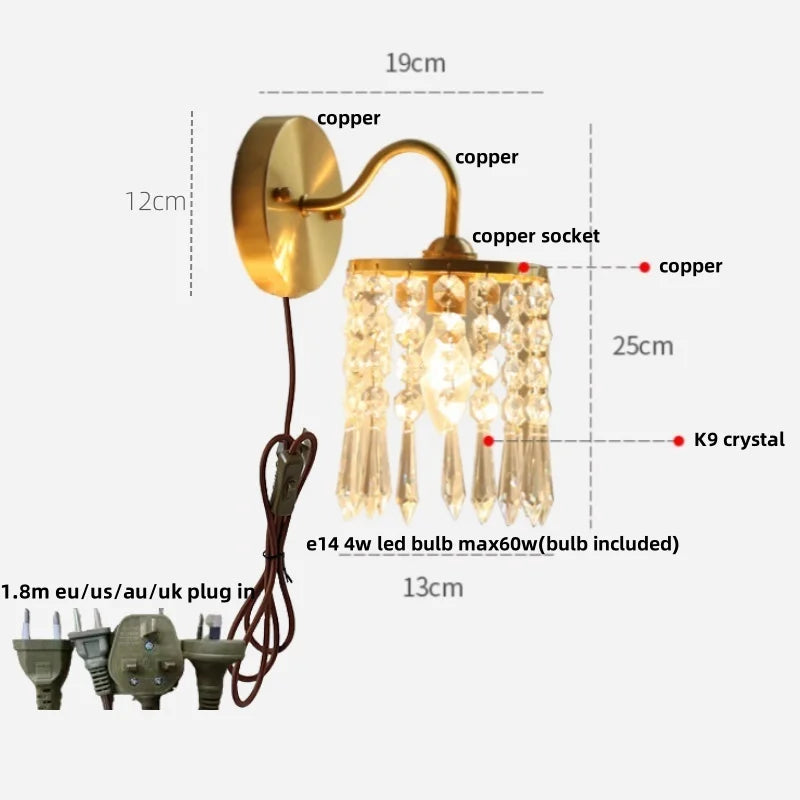 Helnys Crystal LED Wall Sconce Brass Mirror Light