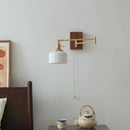Helnys Walnut Ceramic LED Wall Lamp with Copper Arm, Rotating, Pull Chain Switch