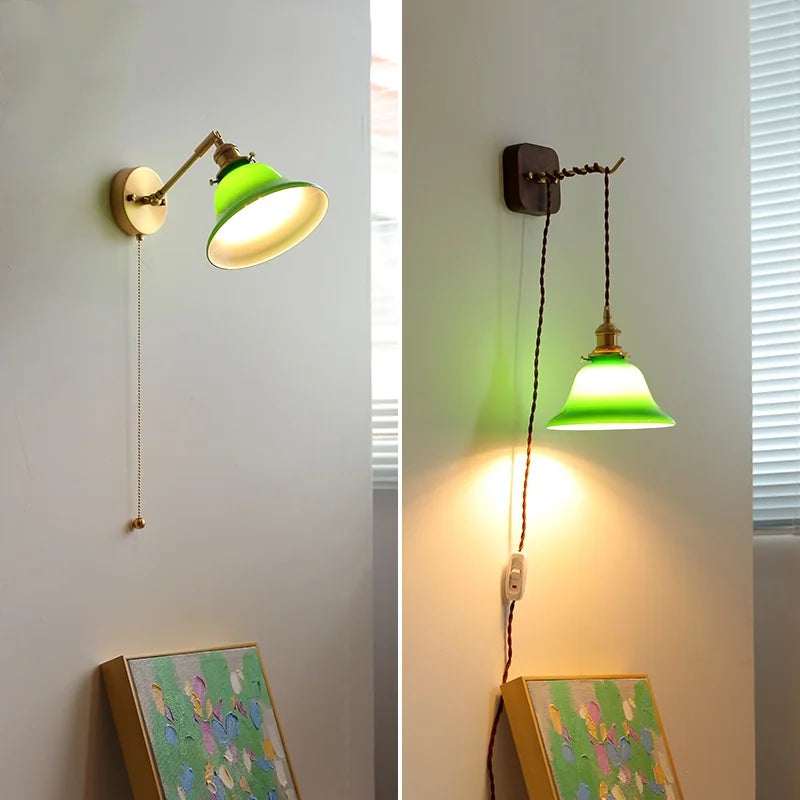 Helnys Vintage Industrial LED Wall Light with Green Glass and Wood