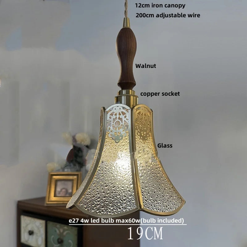 Helnys Tiffany Style LED Walnut Wood Copper Glass Pendant Light for Dining Room