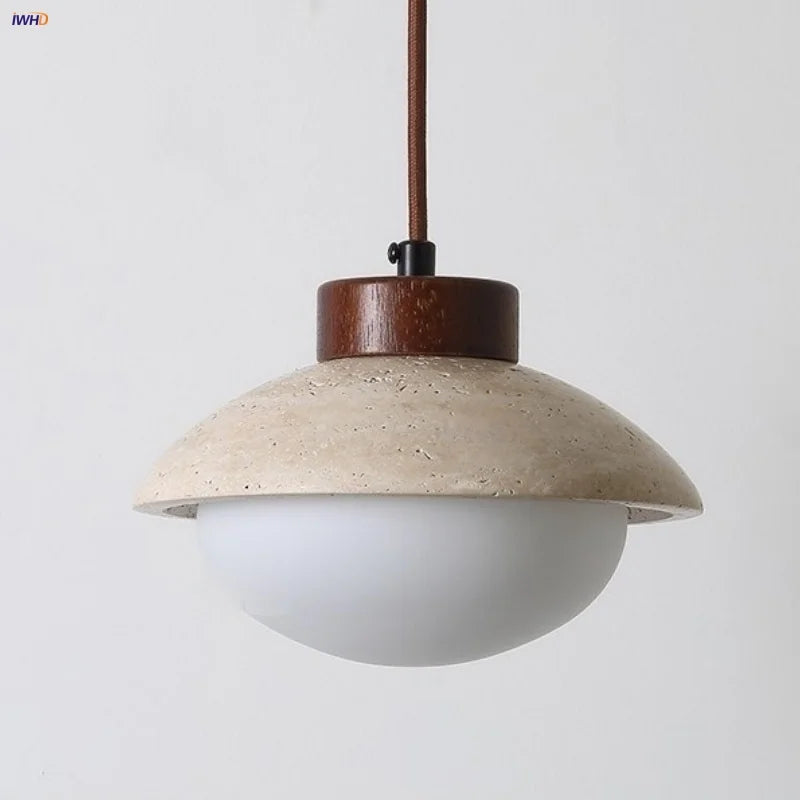Helnys LED Pendant Light: Japanese Style, Yellow Travertine Wood, Adjustable Wire Hanging Lamp