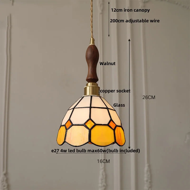 Helnys Amber Glass LED Pendant Light Fixture with Walnut Wood Bar and Adjustable Wire