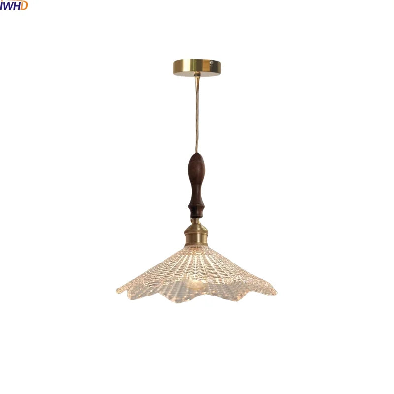 Helnys Vintage Glass Shade Pendant Light - Walnut Handle Design