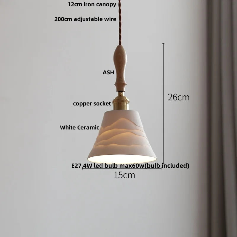Helnys Adjustable LED Pendant Lights Ash Wood White Ceramic Nordic Hanging Lamp