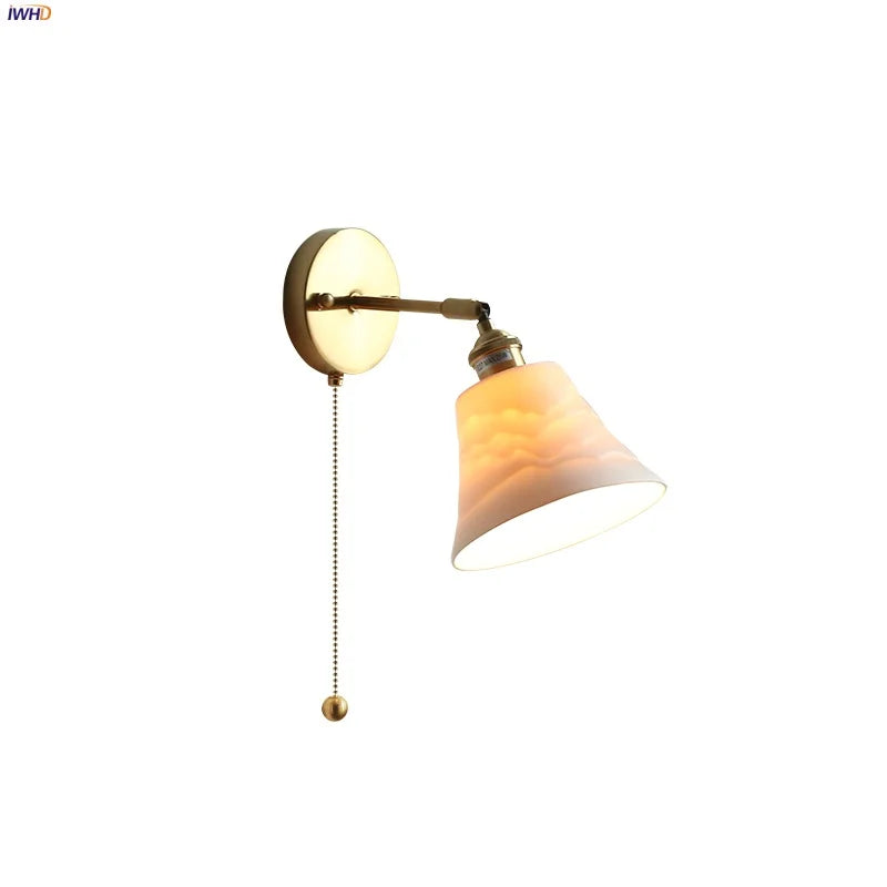 Helnys Nordic LED Wall Light with Pull Chain Switch, White Ceramic Rotation for Home