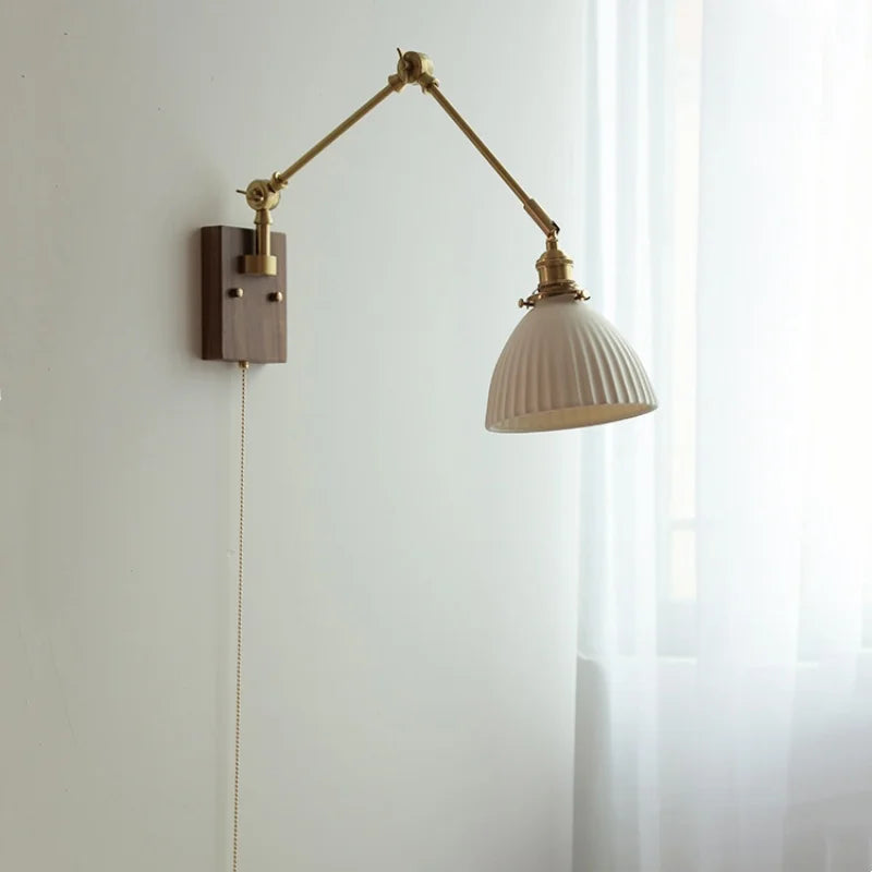 Helnys Ceramic Ball LED Wall Light Brass Walnut Wood Bedside Lamp