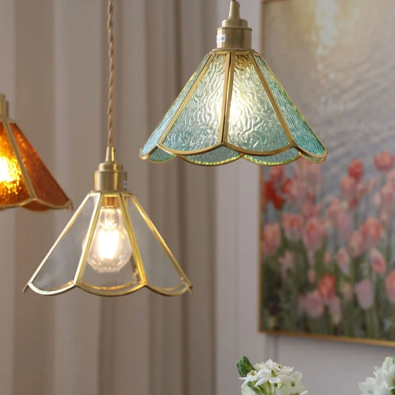 Helnys Vintage Copper Pendant Lamp Flower Glass Lights