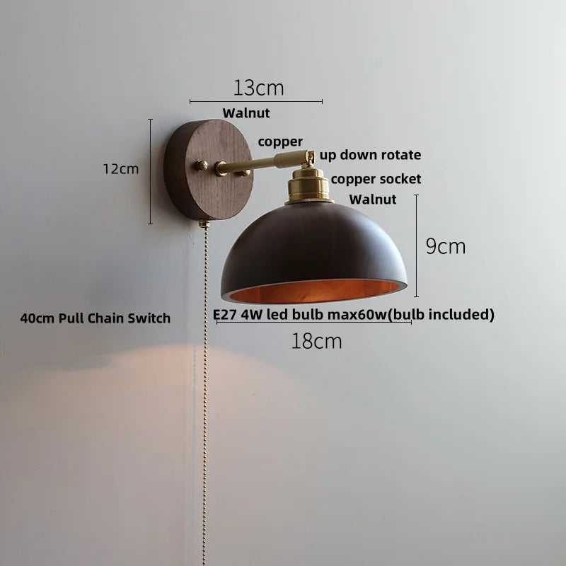 Helnys Nordic Modern Wood Copper Wall Sconce with Pull Chain Switch