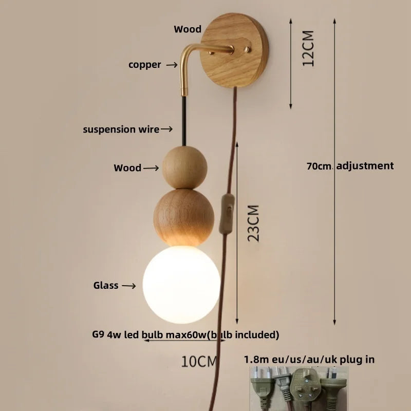 Helnys Nordic Wood LED Wall Sconce Bedroom Lamparas, Adjustable Acrylic Bedside Light