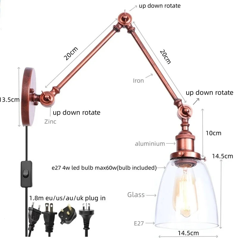 Helnys Vintage Swing Arm Wall Lights with Pull Chain Switch and Glass Ball