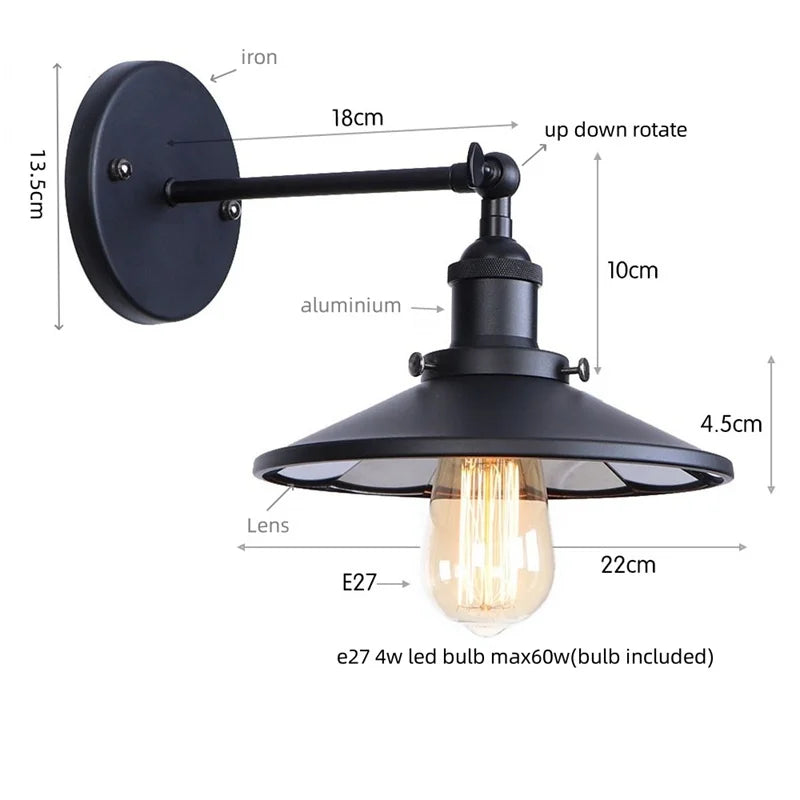 Helnys Vintage LED Pull Chain Wall Lights Lens Stair Reading Bedside Lamp Iron Lightings