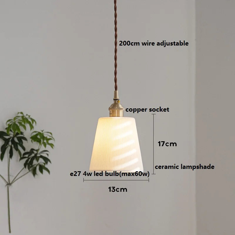Helnys Ceramic LED Pendant Light with Wood Handle and Copper Socket