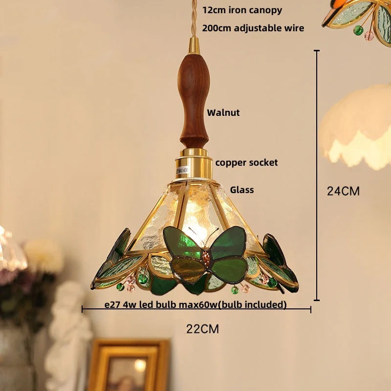 Helnys Butterfly Pink LED Pendant Lamp, Nordic Modern Walnut Wood Glass Hanging Light