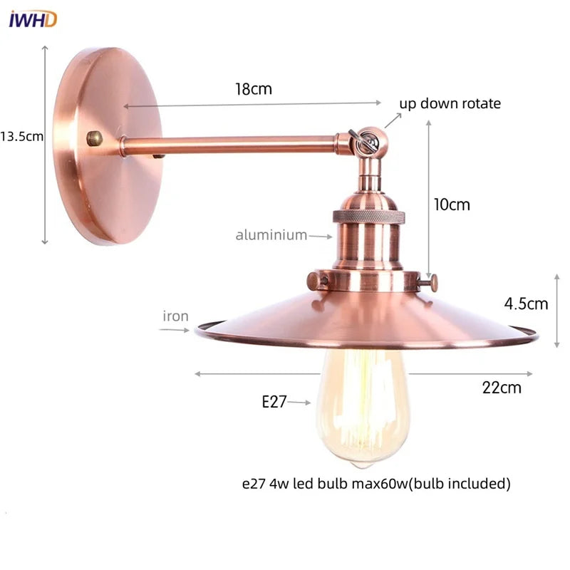Helnys Loft LED Wall Lamp With Gold Pull Chain Switch - Industrial Vintage Design