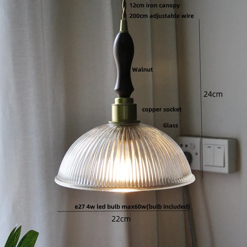 Helnys Amber Glass LED Pendant Lamp Nordic Modern Walnut Wood Copper Hanging Light