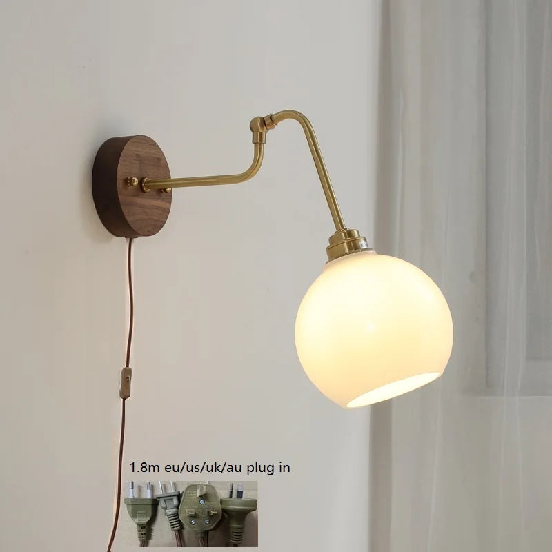 Helnys Green Glass Copper LED Wall Lamp with Pull Chain Switch and Walnut Wood Base