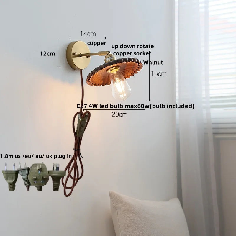 Helnys LED Wall Sconce Japanese Style Walnut Wood Mirror Light