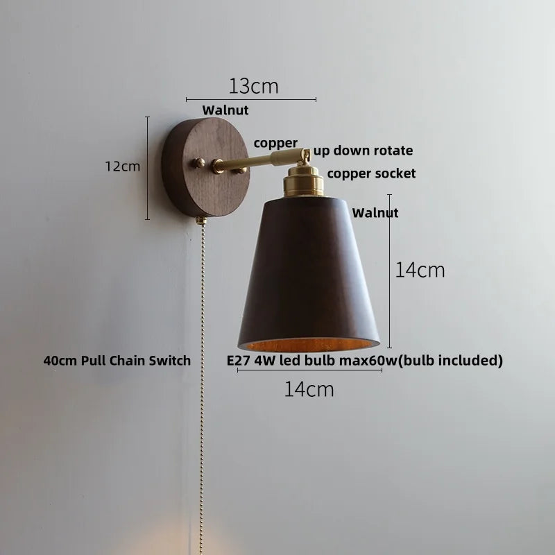 Helnys Nordic Modern Wood Copper Wall Sconce with Pull Chain Switch
