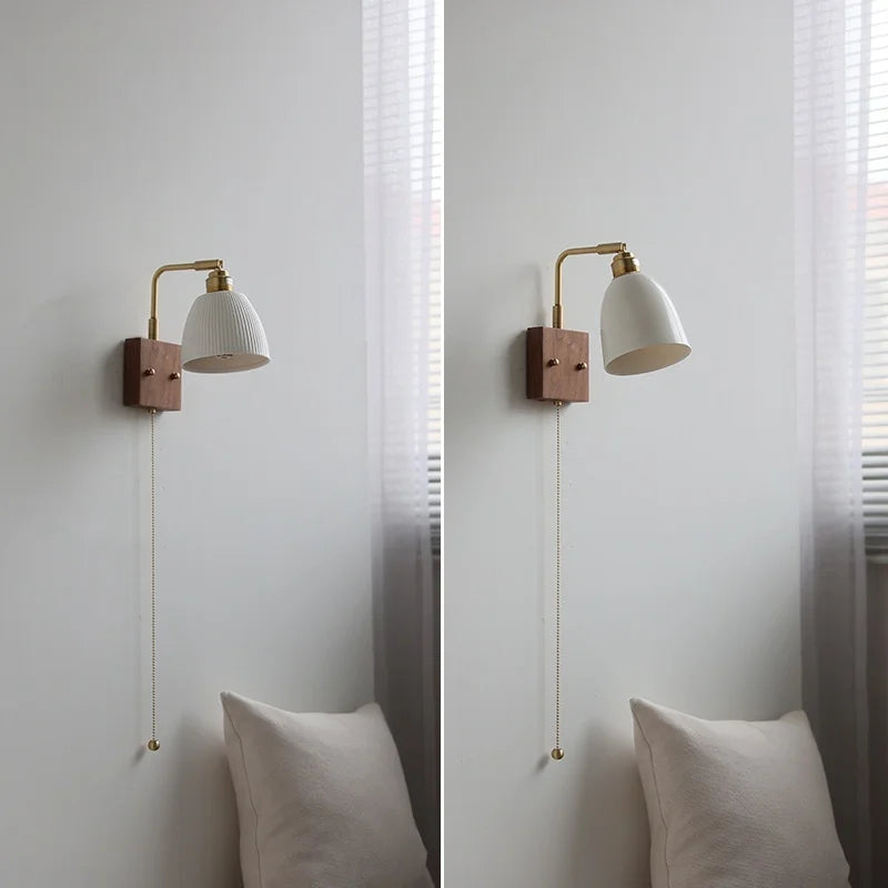 Helnys Vintage Brass Ceramic LED Wall Lamp with Pull Chain Switch