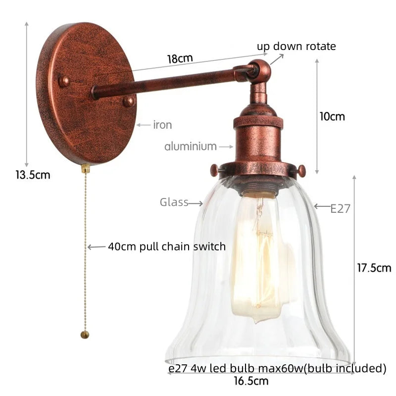 Helnys Vintage LED Glass Wall Sconce with Pull Chain Switch