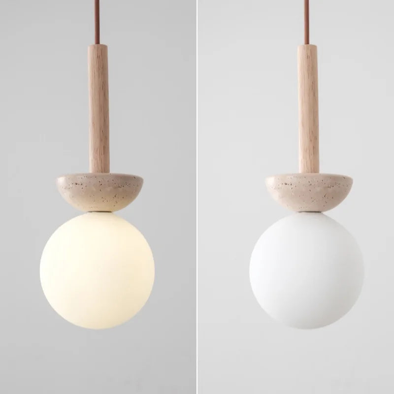 Helnys White Glass LED Pendant Lights - Modern Nordic Yellow Travertine Wood Hang Lamp