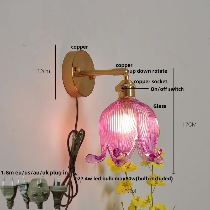 Helnys Vintage Blue Glass LED Wall Lamp with Pull Chain Switch