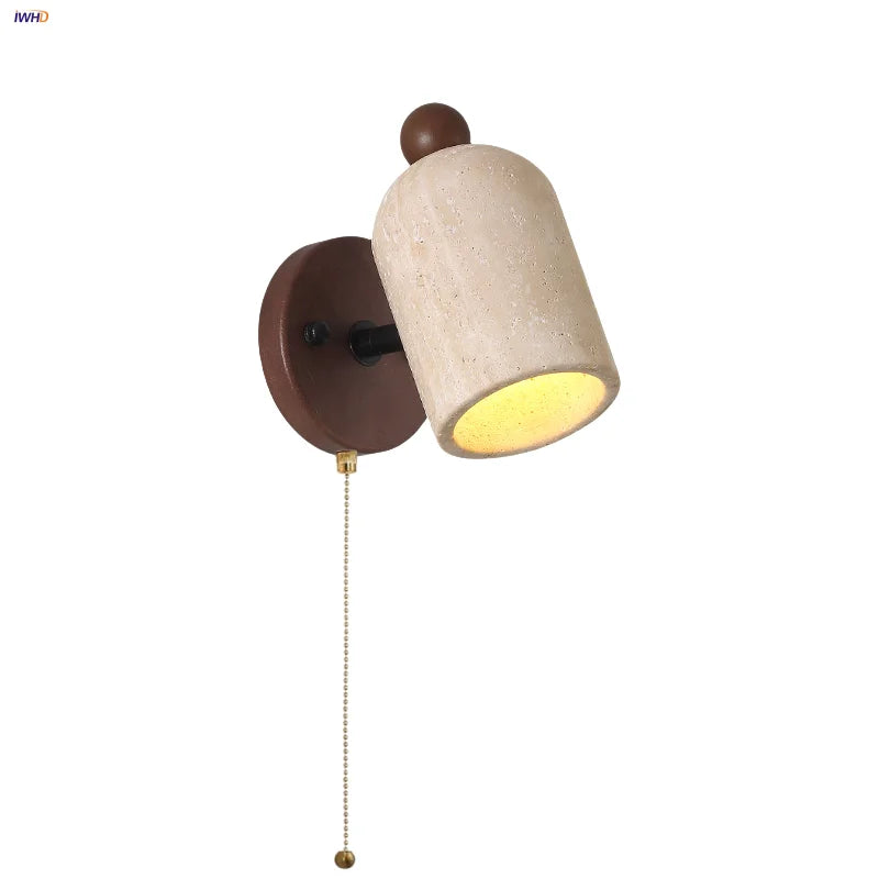 Helnys Rotating LED Wall Light Fixture with Pull Chain Switch Yellow Travertine Wood Decor