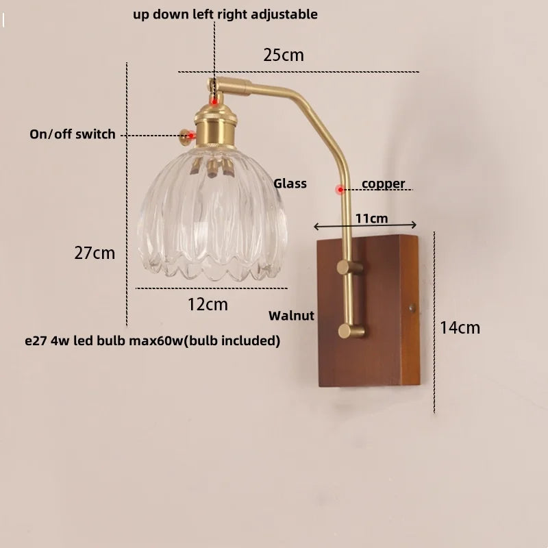 Helnys LED Glass & Wood Wall Lamp with Pull Chain Switch for Living Room