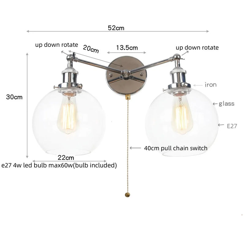 Helnys Retro LED Wall Light Fixtures with Pull Chain Switch, Industrial 2 Heads Sconce