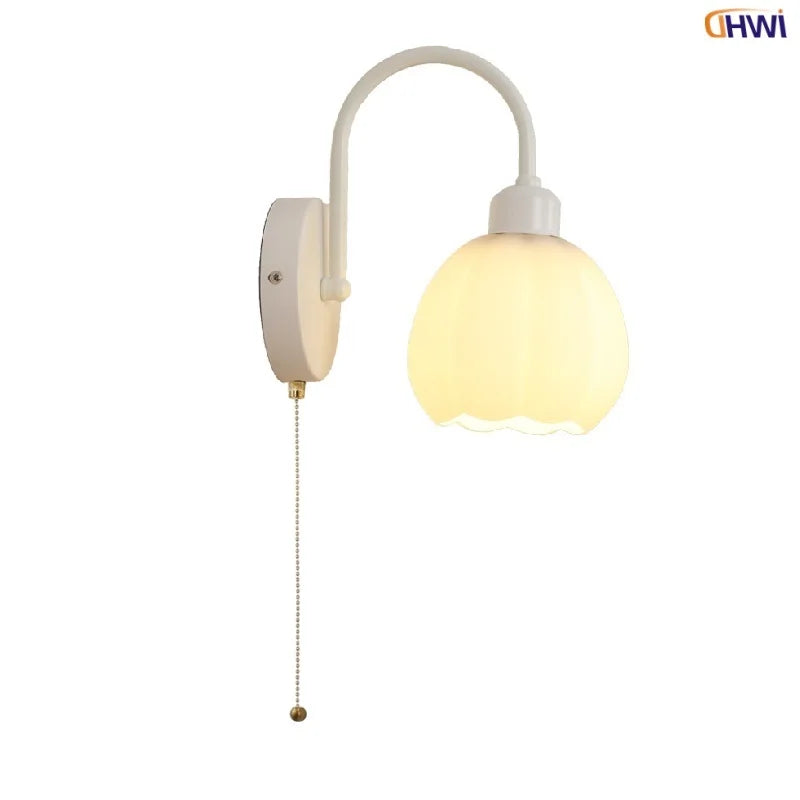 Helnys White Glass LED Wall Lights: Modern Design with Pull Chain Switch