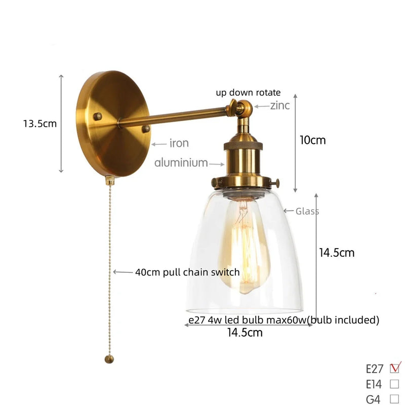 Helnys LED Wall Lamp Single Arm Glass Iron Vintage Retro Stair Light