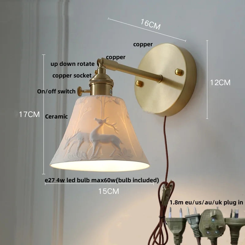 Helnys Ceramic E27 LED Wall Lamp Sconce with Pull Chain Switch - Nordic Modern Style