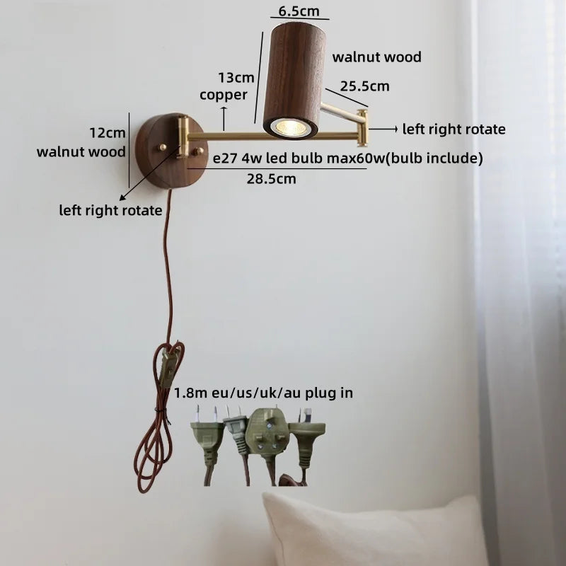 Helnys Ash Wood Swing Arm LED Wall Sconce - Up Down Rotate Bedside Lamp