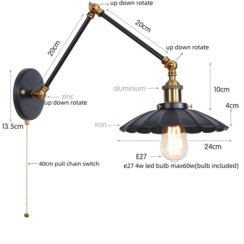Helnys Adjustable Black Iron LED Wall Light - Industrial Vintage Bedside Lamp