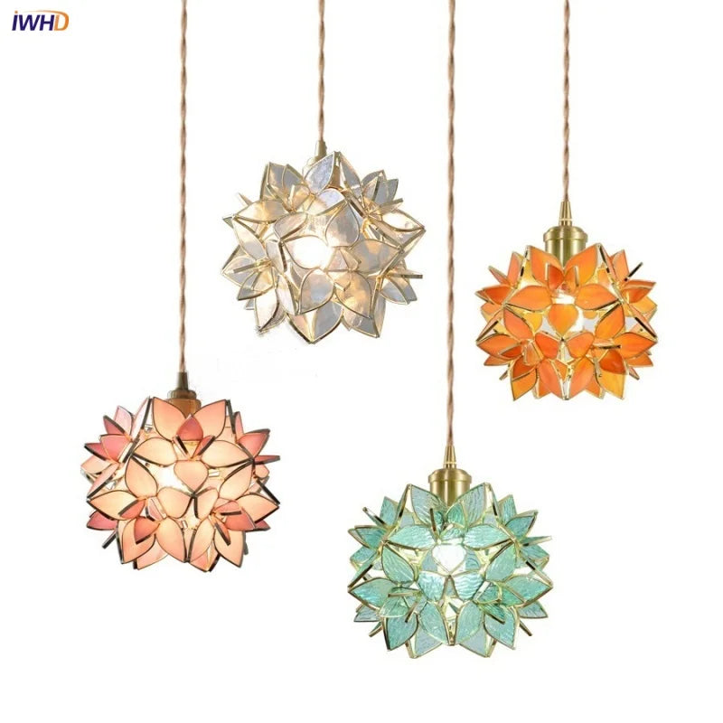 Helnys Flower Glass Pendant Lamp with Adjustable Wire, LED Dining Room Light